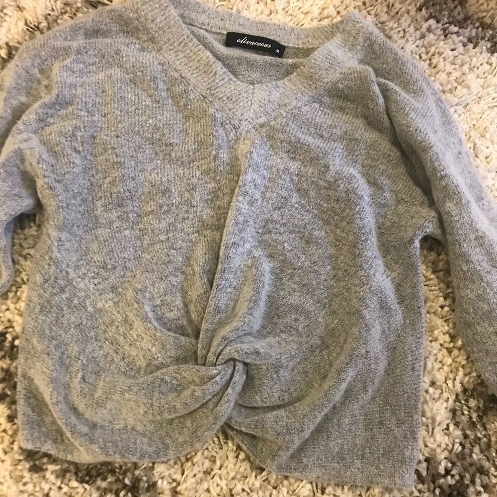 Olivaveous grey cropped twist front sweater